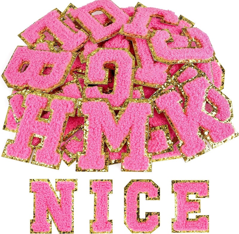 ASTARON 26 Pcs Self Adhesive Letter Patches Chenille Letters Stickers, A-Z Embroidered Applique Patches Alphabet Cloth Patch for Clothes, Bags, Hat, Phone Case, DIY Accessories (Medium Pink) - Image 1